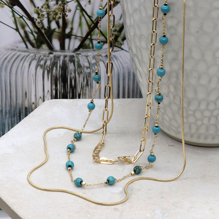 Triple Layer Golden Mixed Chain & Turquiose Bead Necklace by Peace of Mind